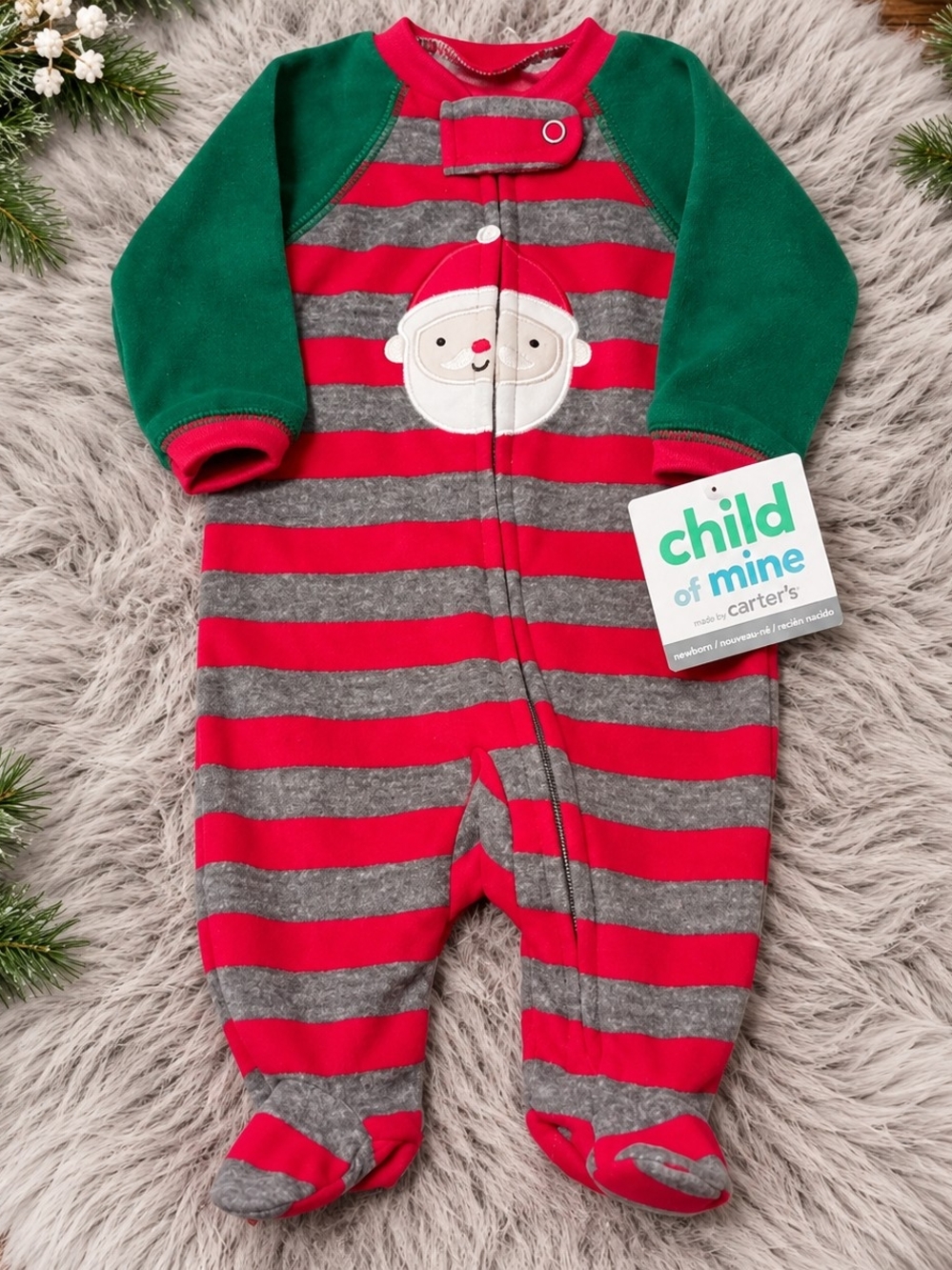 Carter's Red, Gray & Green Santa Stripe Footed One-Piece